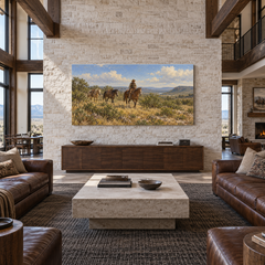 Brush Country Passage above a walnut console in a stone and leather lounge