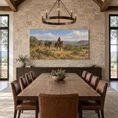 Brush Country Passage above a long table in a limestone and leather dining room