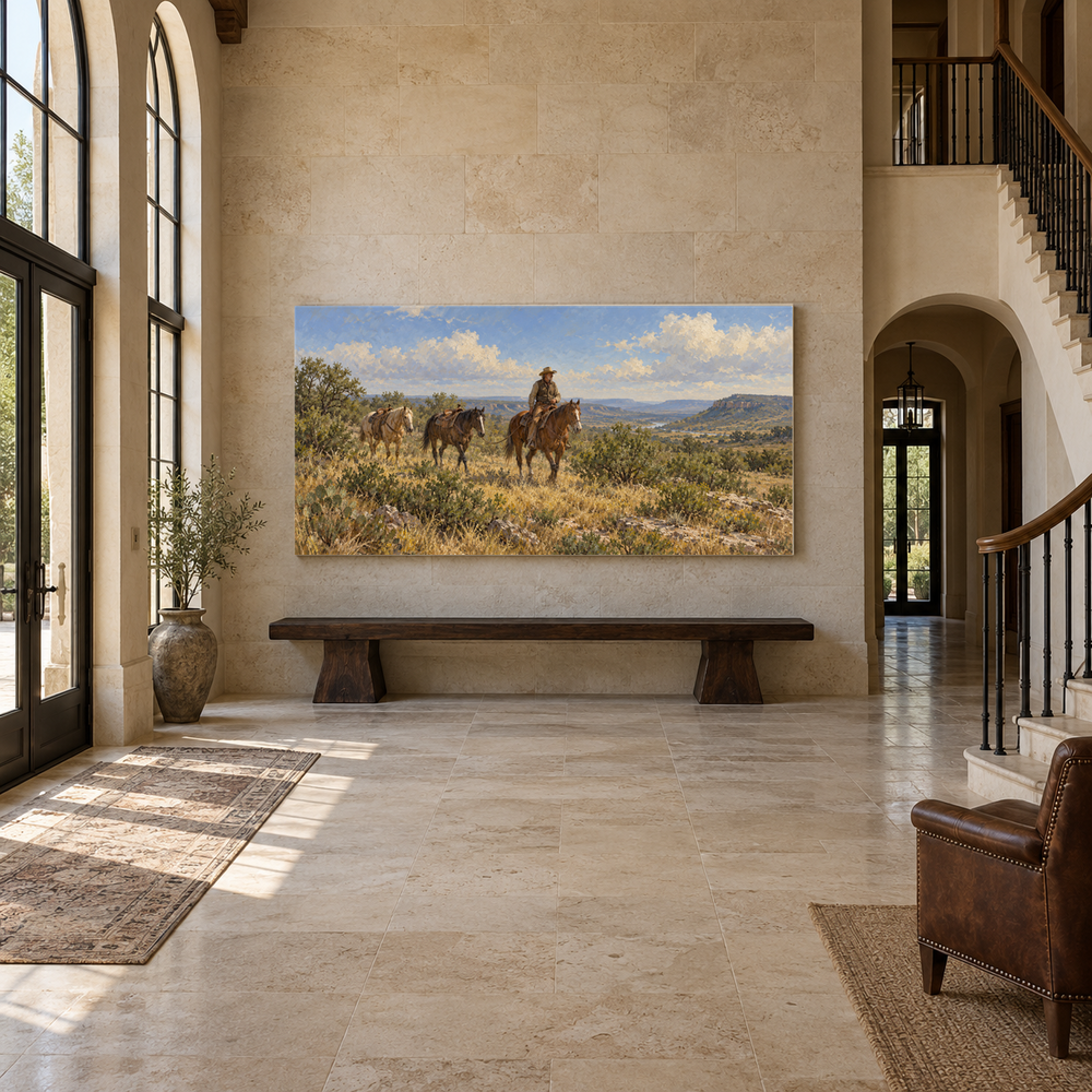 Brush Country Passage above an oak bench in a limestone entryway