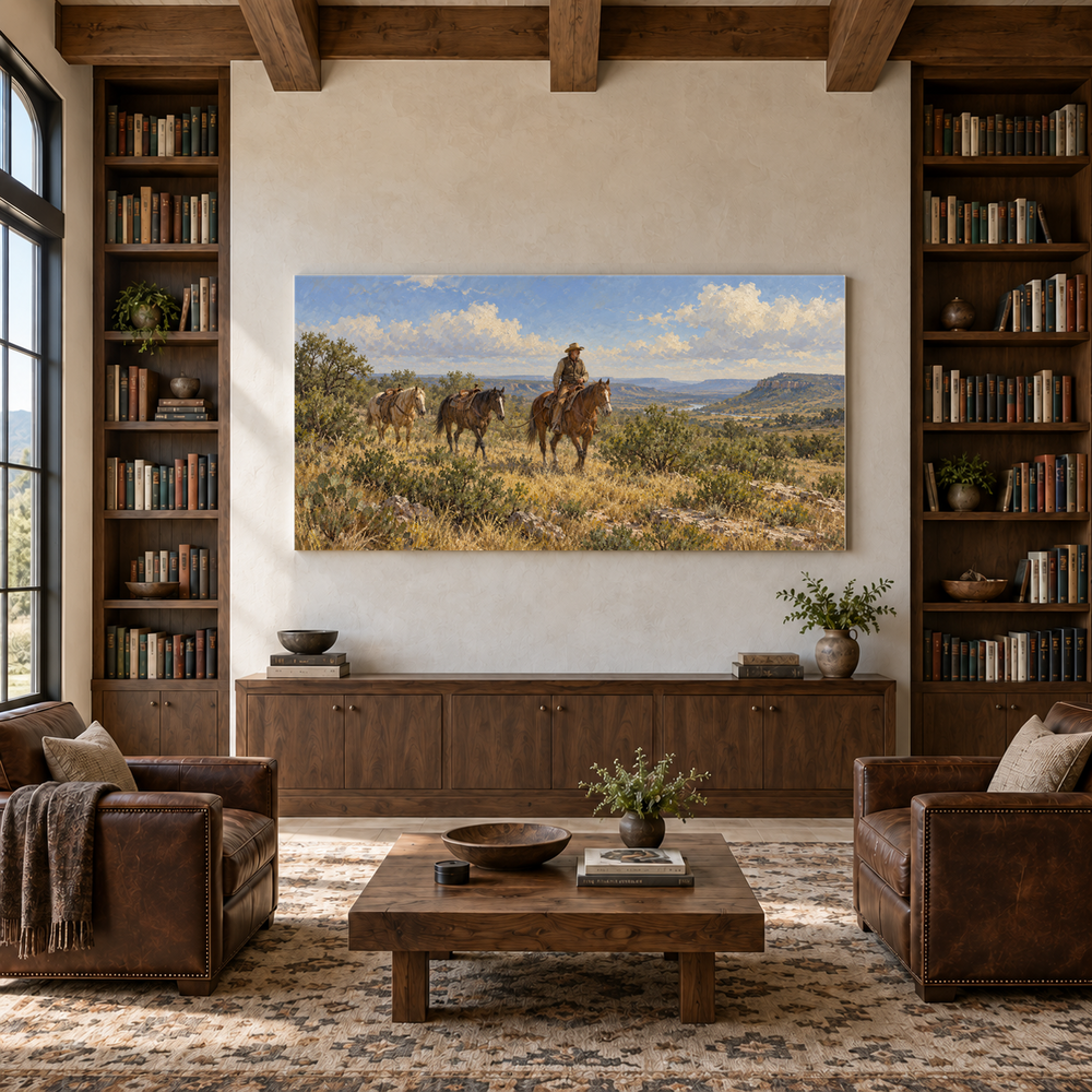 Brush Country Passage above a walnut console in a library with leather armchairs
