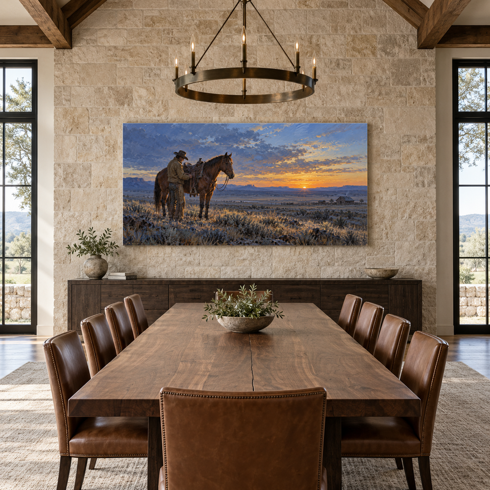 First Light on the Spur above a long table in a limestone and leather dining room