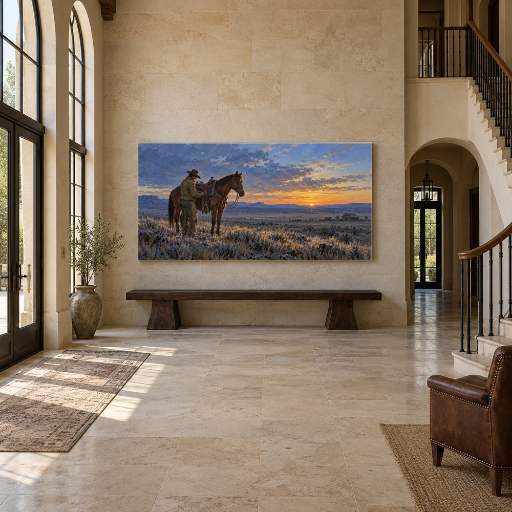 First Light on the Spur above an oak bench in a limestone entryway