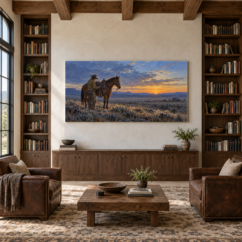 First Light on the Spur above a walnut console in a library with leather armchairs