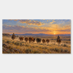 The Dust Trail Home panoramic oil painting, complete artwork on a light grey background
