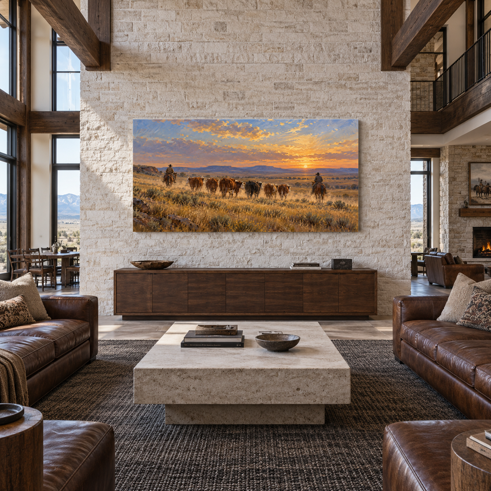 The Dust Trail Home above a walnut console in a stone and leather lounge
