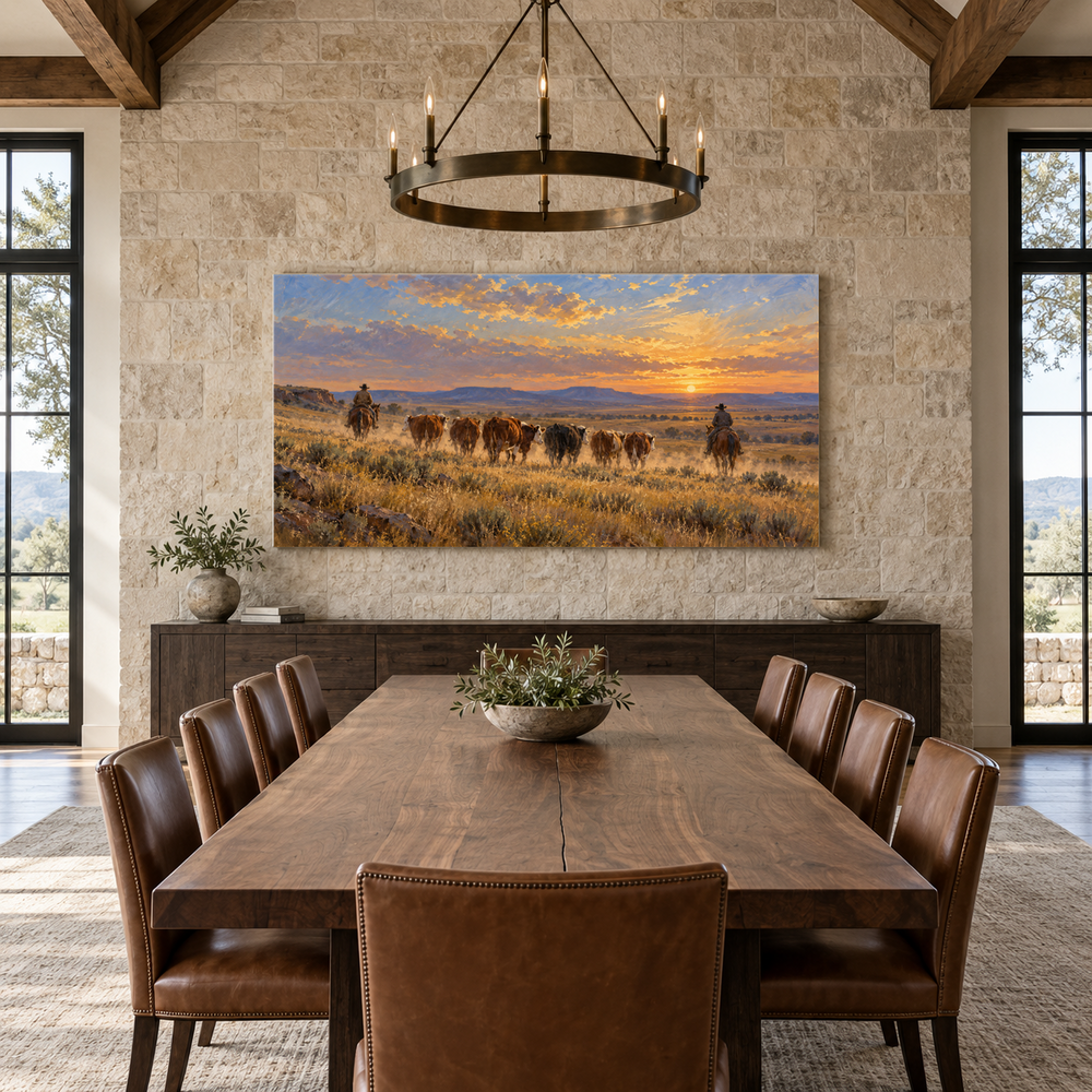 The Dust Trail Home above a long table in a limestone and leather dining room