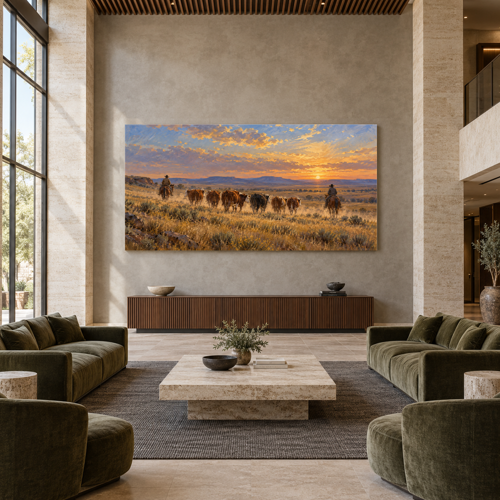 The Dust Trail Home above a walnut console in a spacious lobby