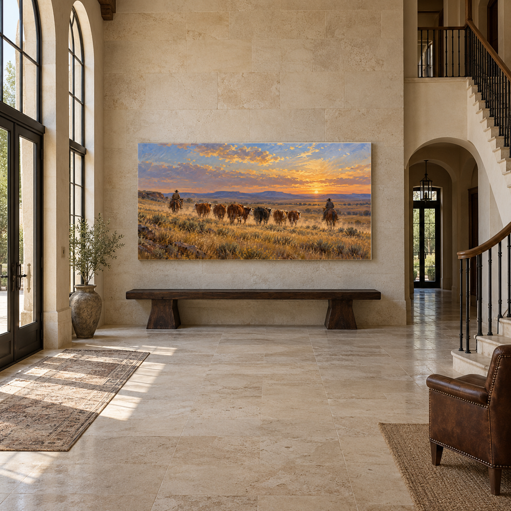 The Dust Trail Home above an oak bench in a limestone entryway