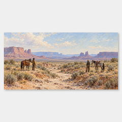 Rendezvous at the Dry Wash panoramic oil painting, complete artwork on a light grey background