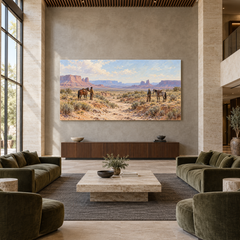 Rendezvous at the Dry Wash above a walnut console in a spacious lobby