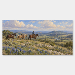 Bluebonnet Ridge panoramic oil painting, complete artwork on a light grey background