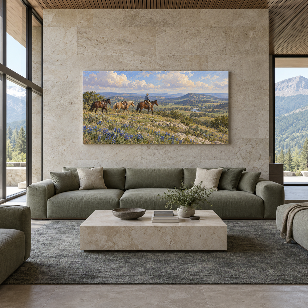 Bluebonnet Ridge above a complete green sofa in a ranch living room