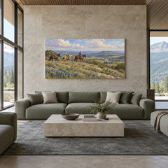 Bluebonnet Ridge above a complete green sofa in a ranch living room