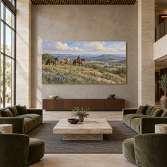 Bluebonnet Ridge above a walnut console in a spacious lobby