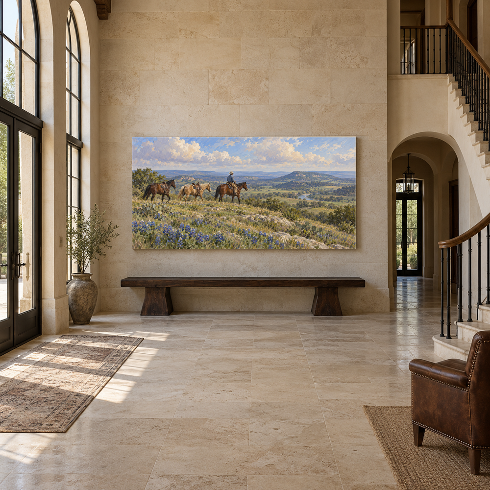 Bluebonnet Ridge above an oak bench in a limestone entryway