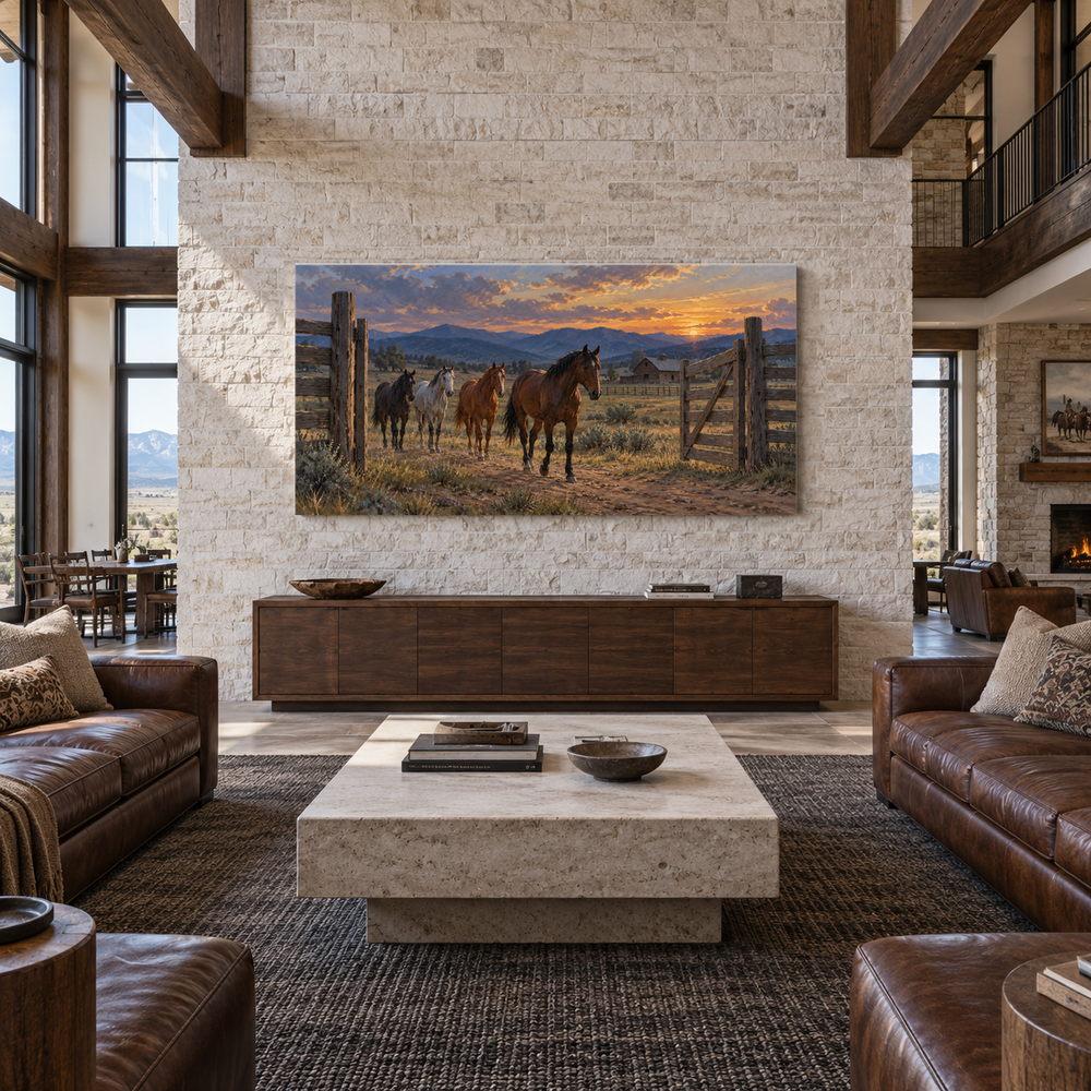 The Evening Corral above a walnut console in a stone and leather lounge