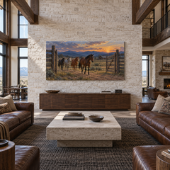 The Evening Corral above a walnut console in a stone and leather lounge