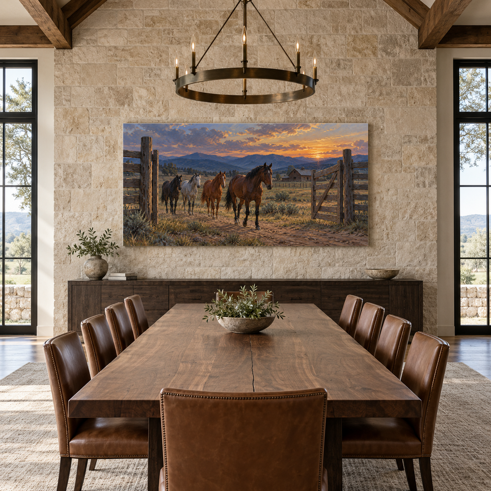 The Evening Corral above a long table in a limestone and leather dining room