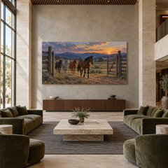 The Evening Corral above a walnut console in a spacious lobby