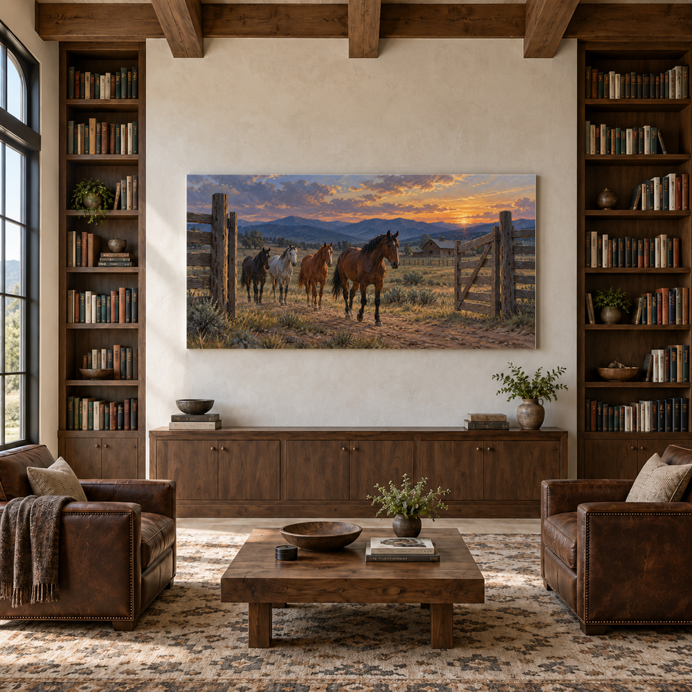 The Evening Corral above a walnut console in a library with leather armchairs