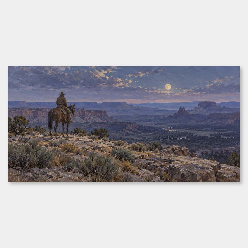 Moonrise over the Rimrock panoramic oil painting, complete artwork on a light grey background
