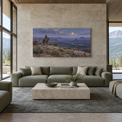 Moonrise over the Rimrock above a complete green sofa in a ranch living room