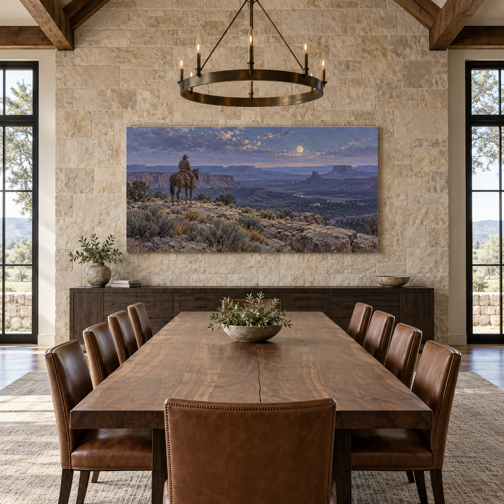 Moonrise over the Rimrock above a long table in a limestone and leather dining room