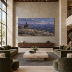 Moonrise over the Rimrock above a walnut console in a spacious lobby