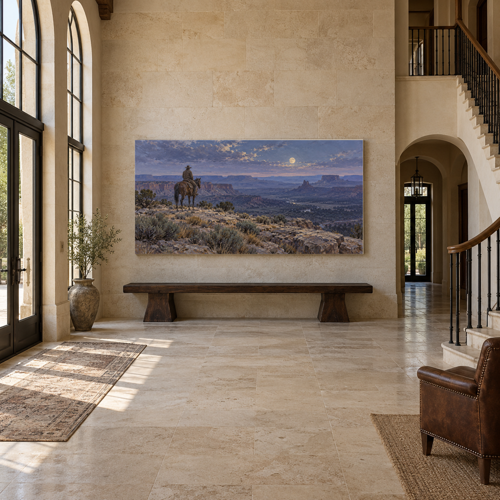 Moonrise over the Rimrock above an oak bench in a limestone entryway