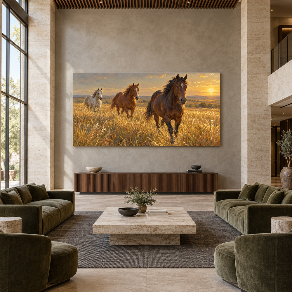 Horses in the High Grass above a walnut console in a spacious lobby