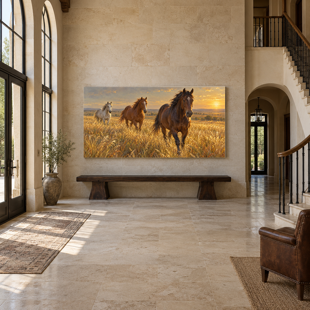 Horses in the High Grass above an oak bench in a limestone entryway