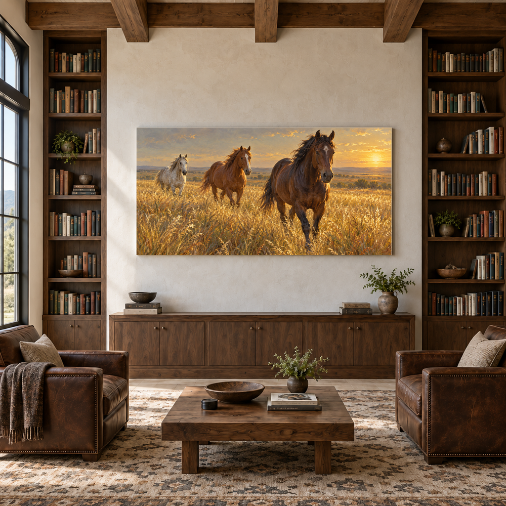 Horses in the High Grass above a walnut console in a library with leather armchairs