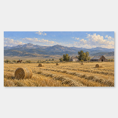 The Homestead Beyond the Hayfield panoramic oil painting, complete artwork on a light grey background