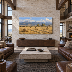 The Homestead Beyond the Hayfield above a walnut console in a stone and leather lounge