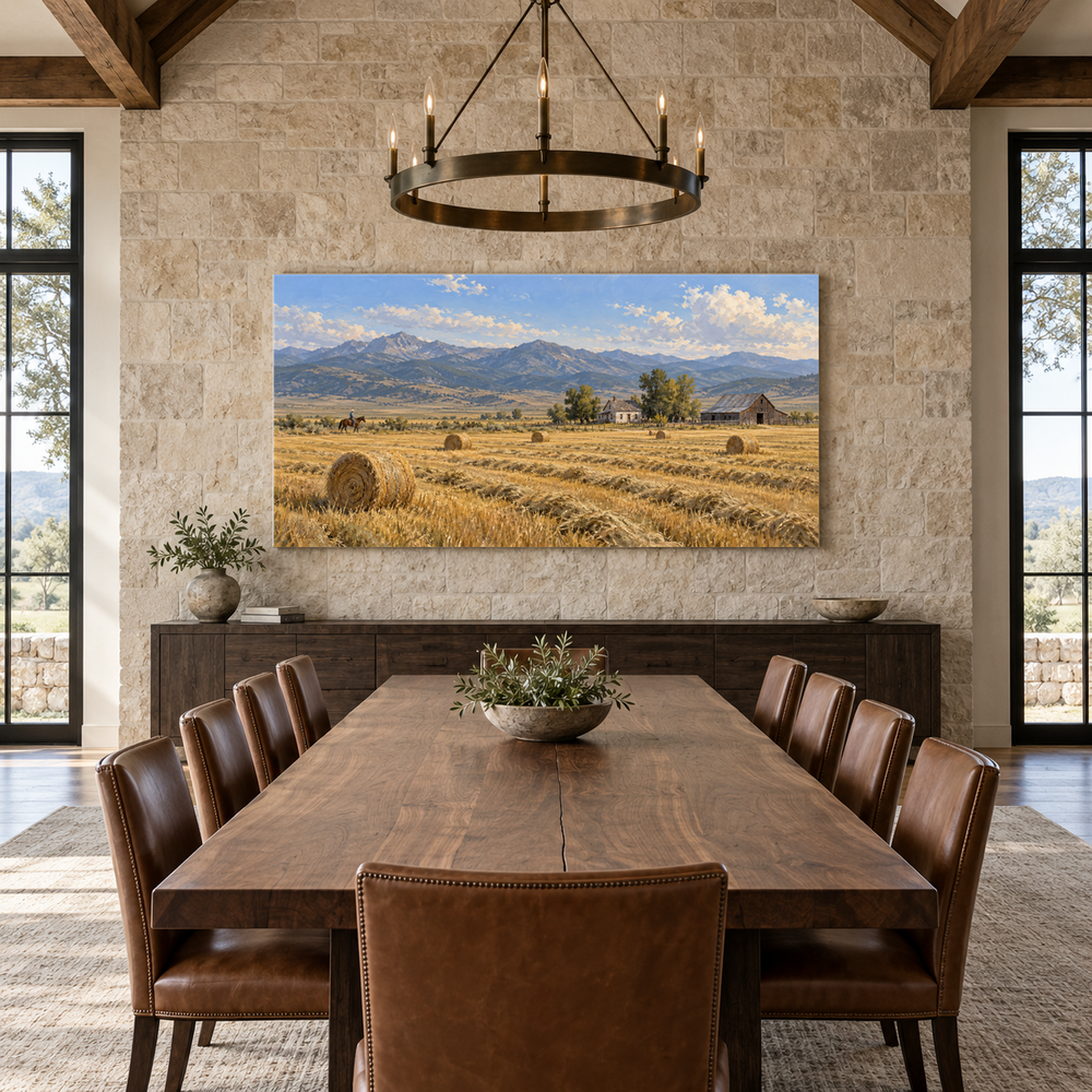 The Homestead Beyond the Hayfield above a long table in a limestone and leather dining room