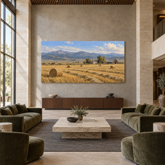 The Homestead Beyond the Hayfield above a walnut console in a spacious lobby