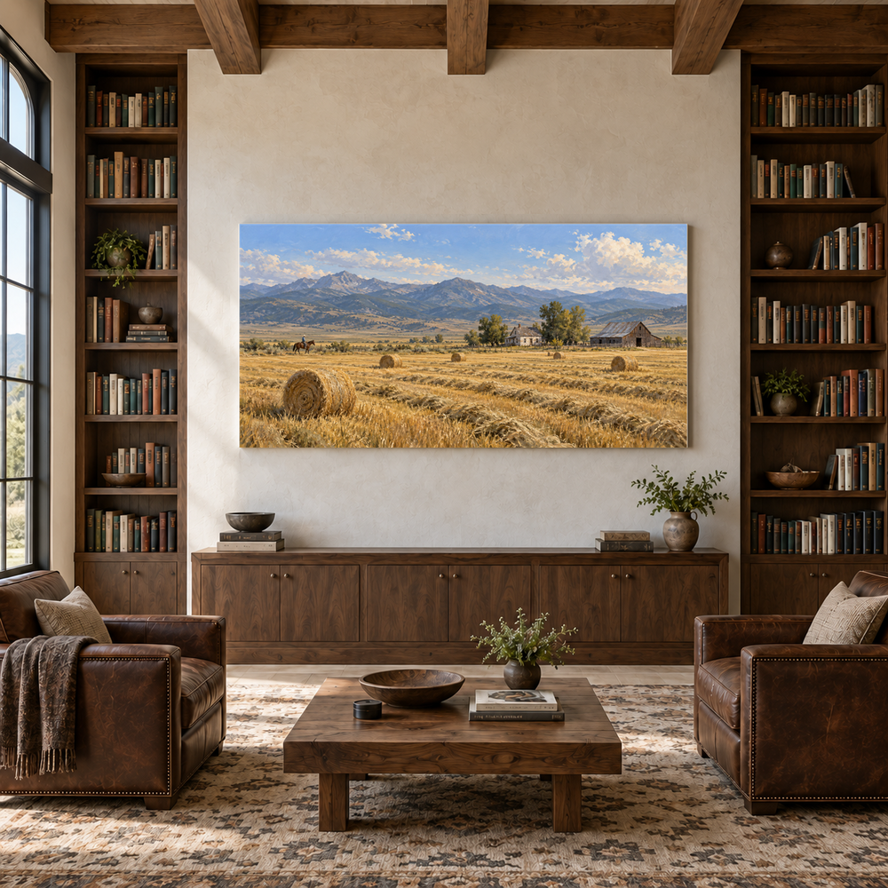 The Homestead Beyond the Hayfield above a walnut console in a library with leather armchairs