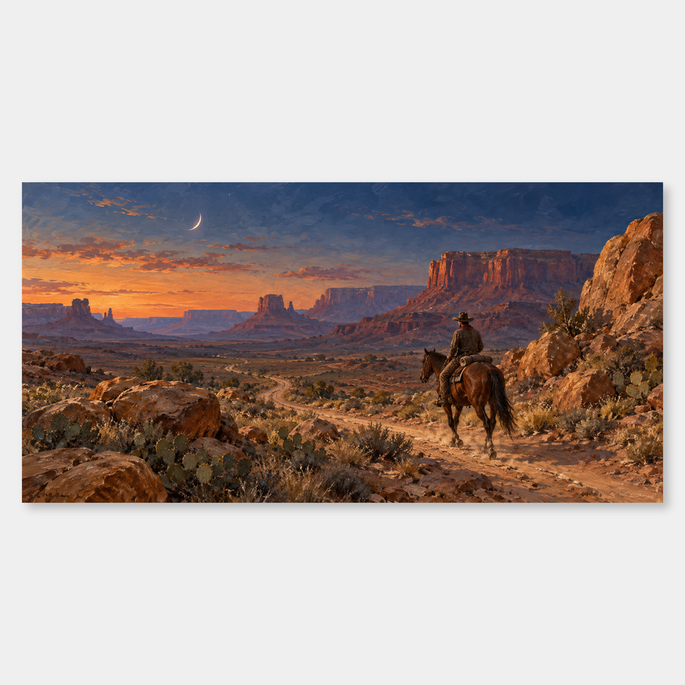 Desert Rider by Moonrise panoramic oil painting, complete artwork on a light grey background