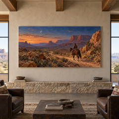 Desert Rider by Moonrise above a stone bench in a quiet ranch lounge