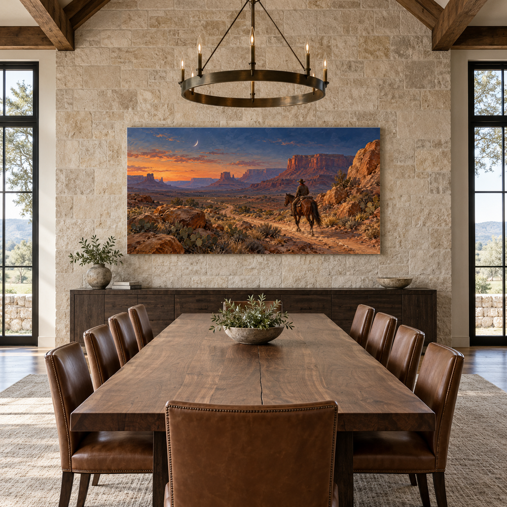 Desert Rider by Moonrise above a long table in a limestone and leather dining room