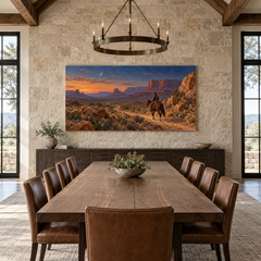 Desert Rider by Moonrise above a long table in a limestone and leather dining room