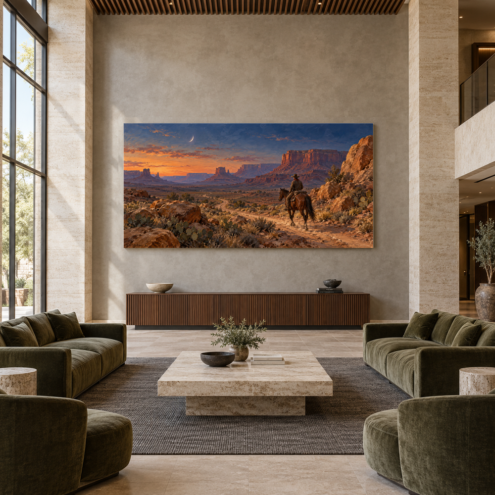 Desert Rider by Moonrise above a walnut console in a spacious lobby