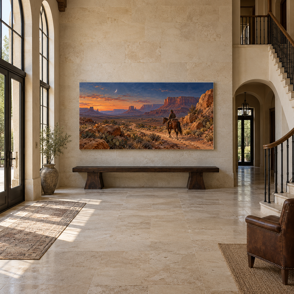 Desert Rider by Moonrise above an oak bench in a limestone entryway