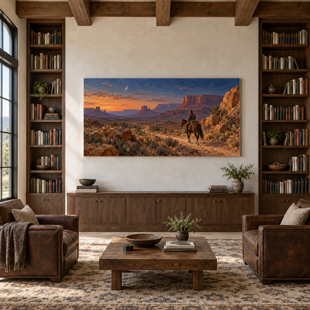 Desert Rider by Moonrise above a walnut console in a library with leather armchairs
