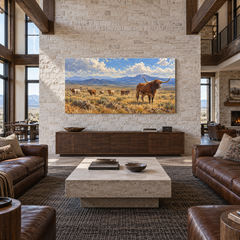Open Range Horizon above a walnut console in a stone and leather lounge