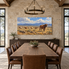 Open Range Horizon above a long table in a limestone and leather dining room