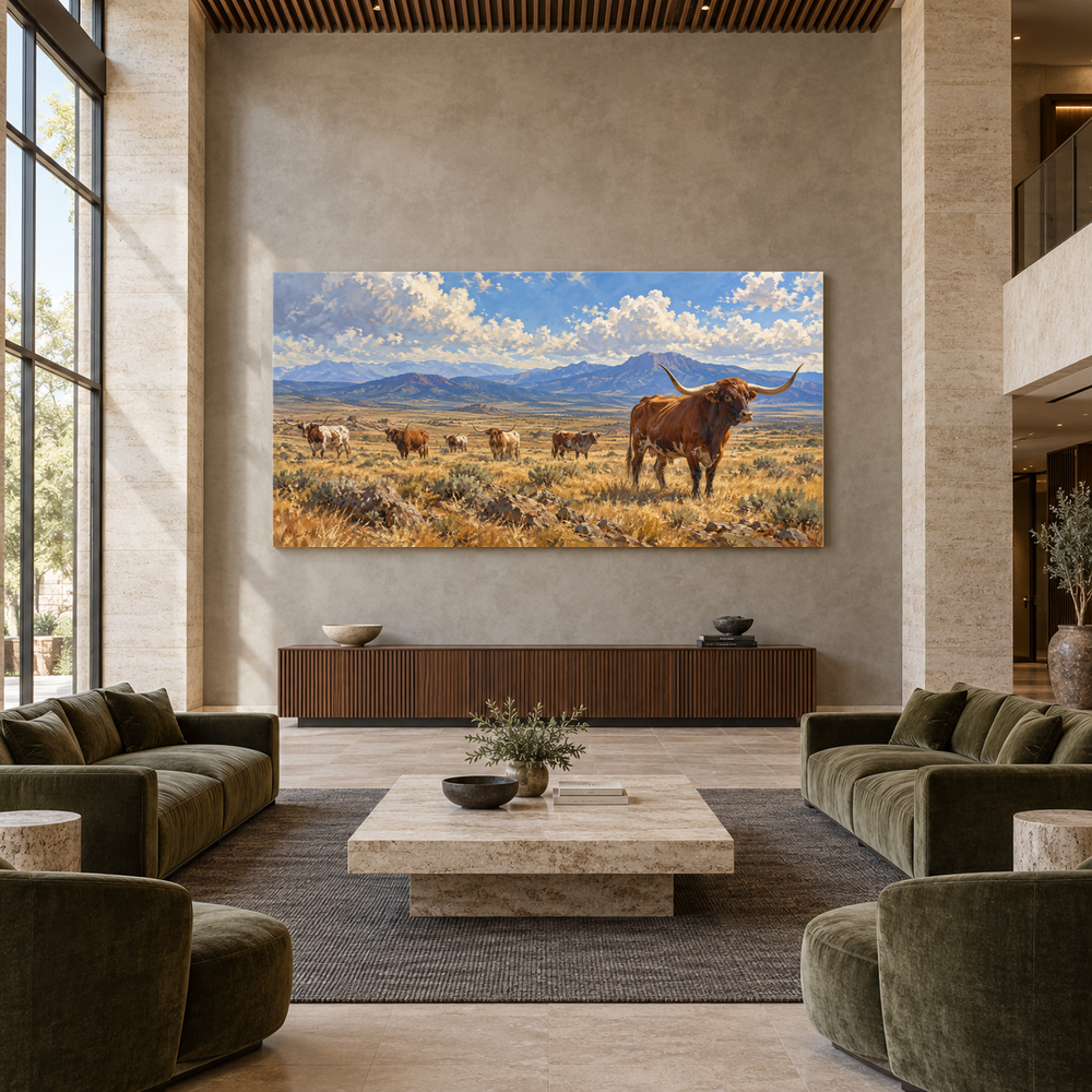 Open Range Horizon above a walnut console in a spacious lobby