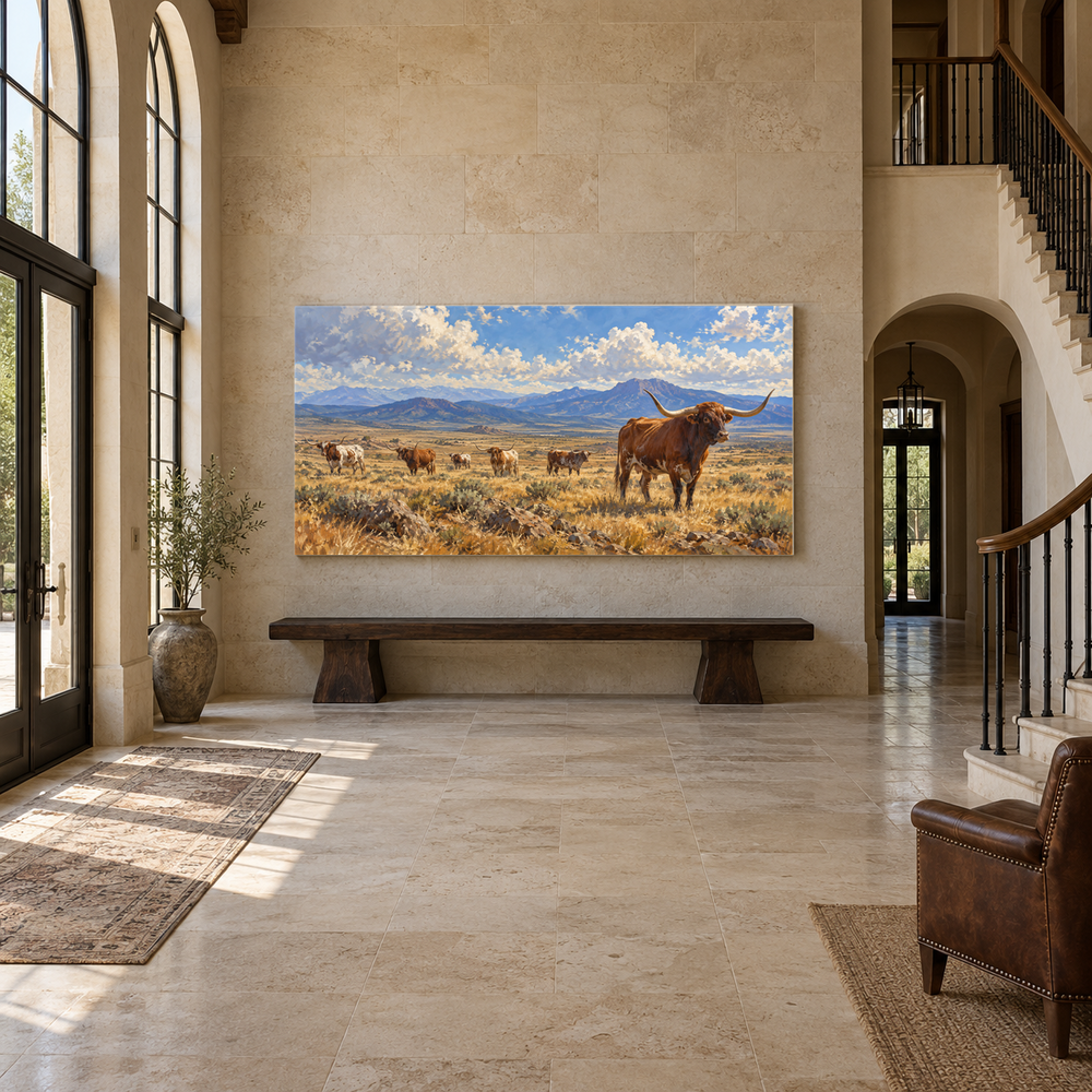 Open Range Horizon above an oak bench in a limestone entryway