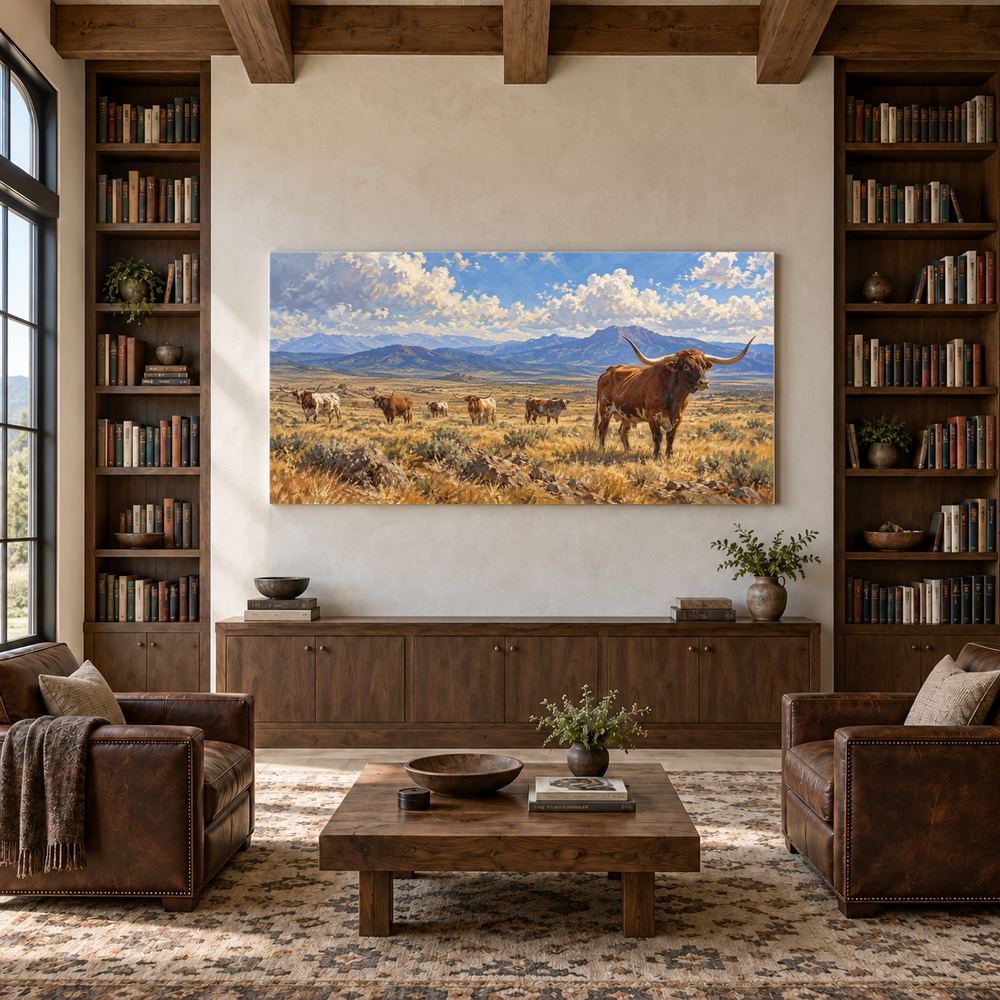 Open Range Horizon above a walnut console in a library with leather armchairs