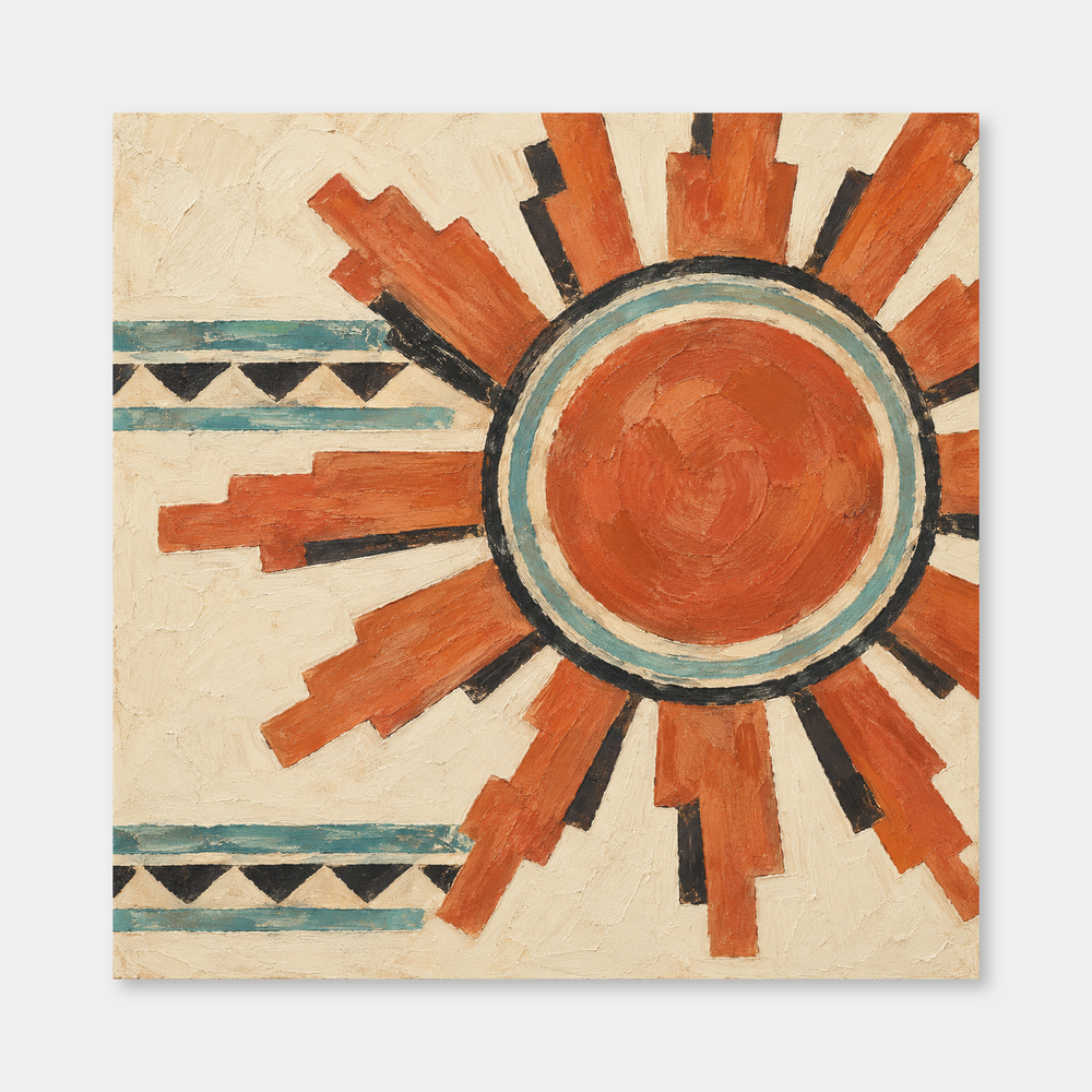 Aztec Sun Pattern oil painting shown unframed on a neutral gray background